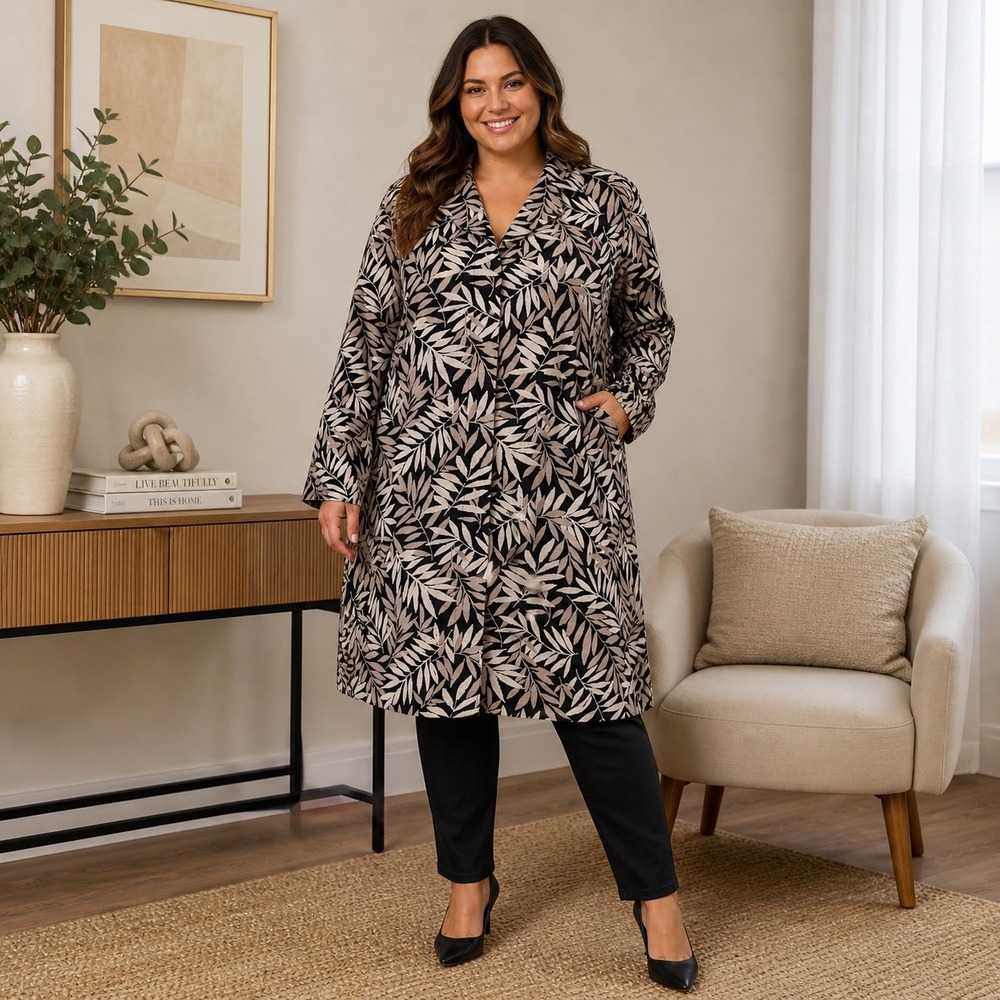 Vintage‎ Tropical Leaf Print Duster Jacket Dress Coastal Resort Oversized Boho